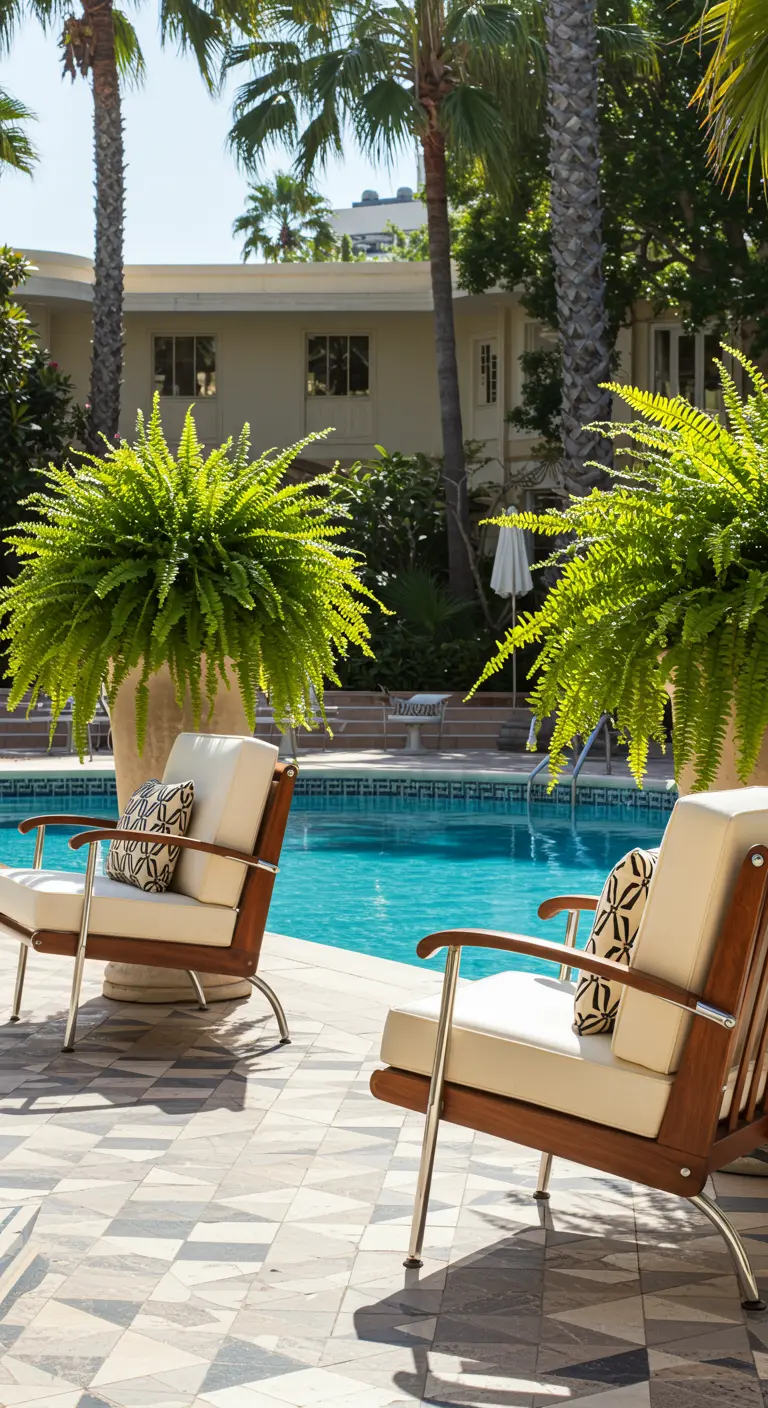 Fauteuils en bois et métal, coussins clairs, grandes fougères en pots, piscine.