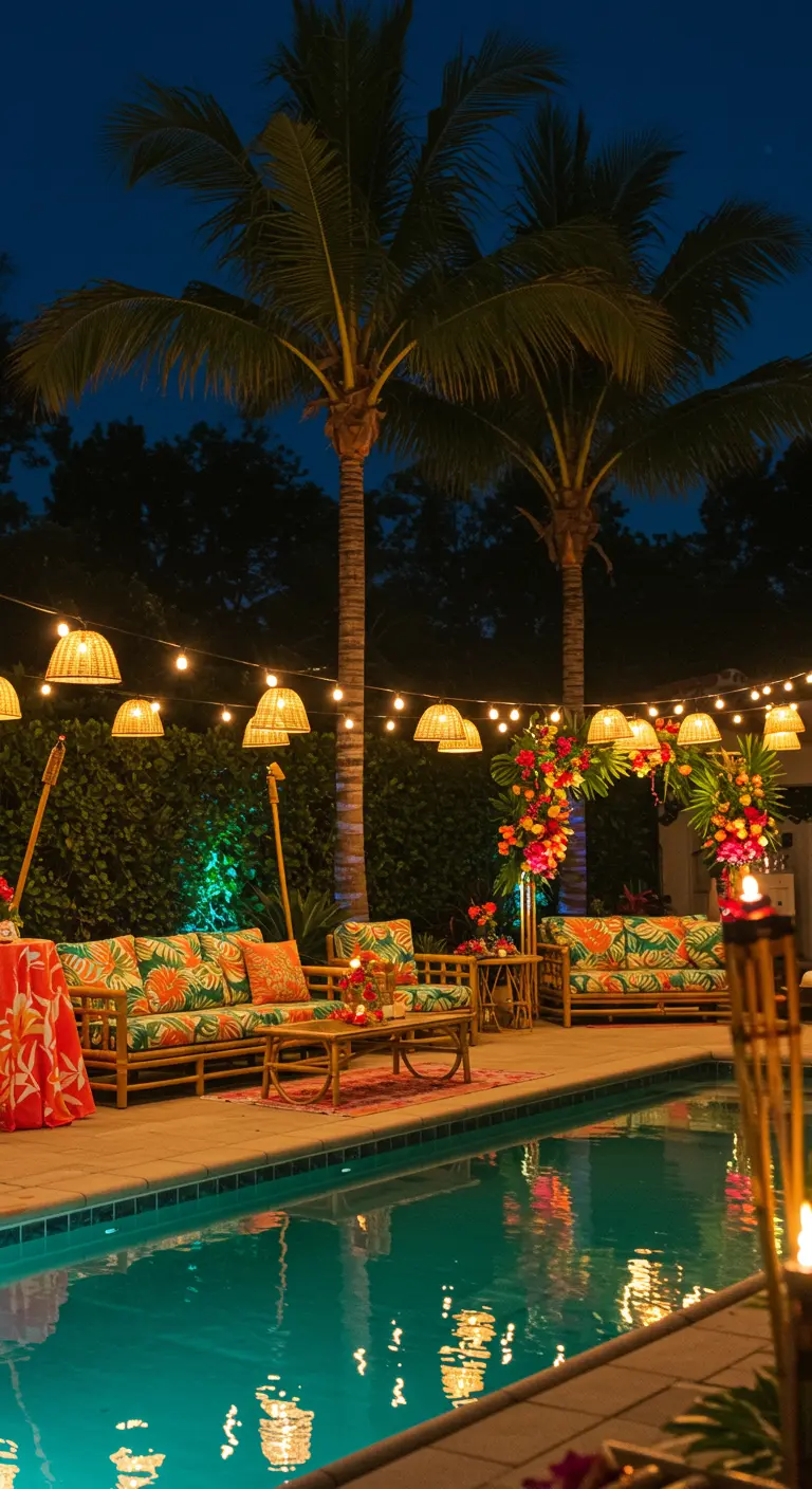 Terrasse tropicale avec piscine, palmiers illuminés, guirlandes lumineuses et lampions en rotin, canapés aux motifs floraux.