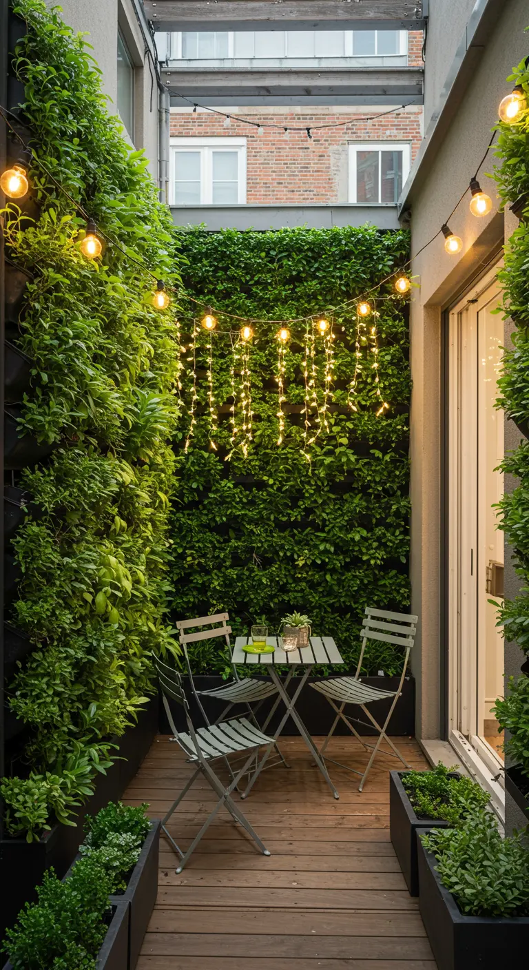 Patio urbain étroit avec murs végétaux, guirlandes lumineuses suspendues et mobilier de bistro.