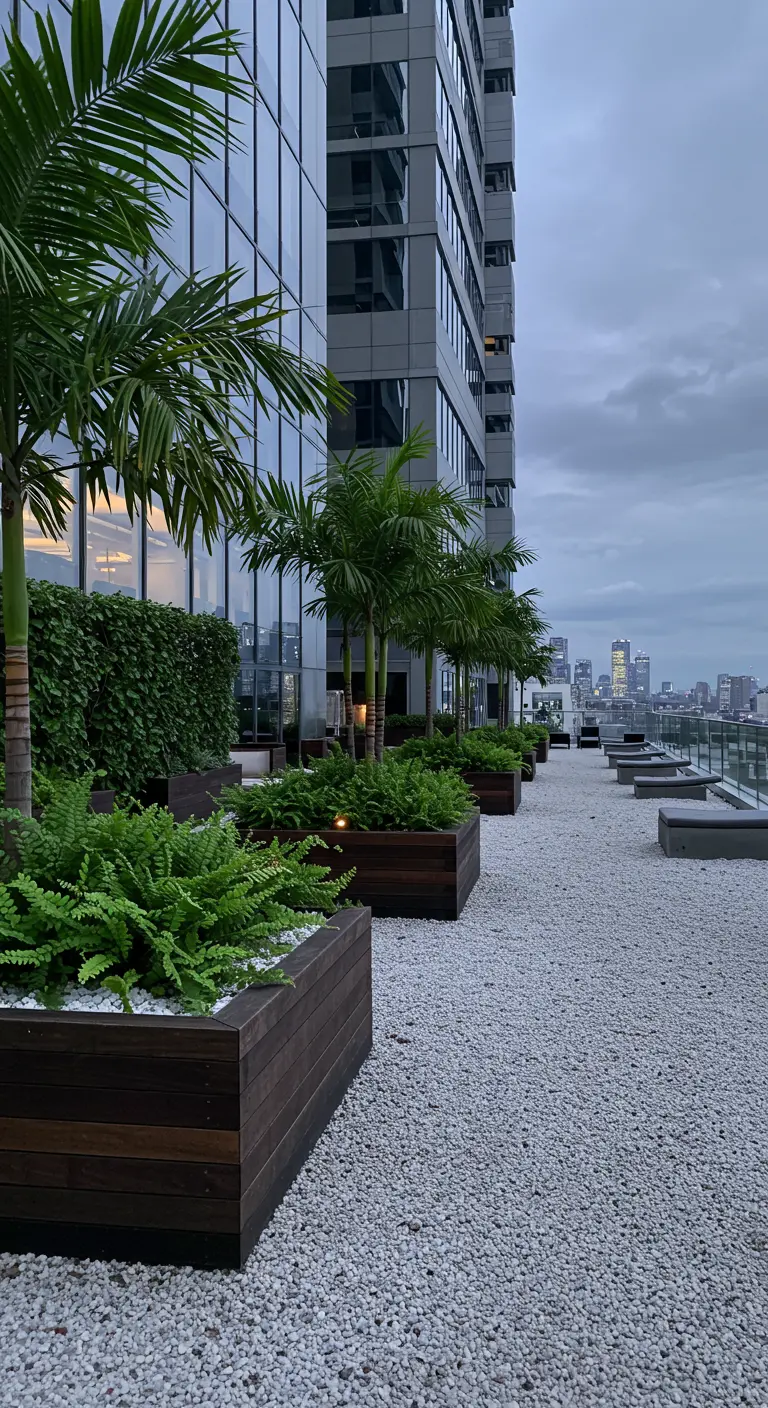 Toit-terrasse avec jardinières en bois, palmiers, fougères et gravier blanc, vue sur la ville.