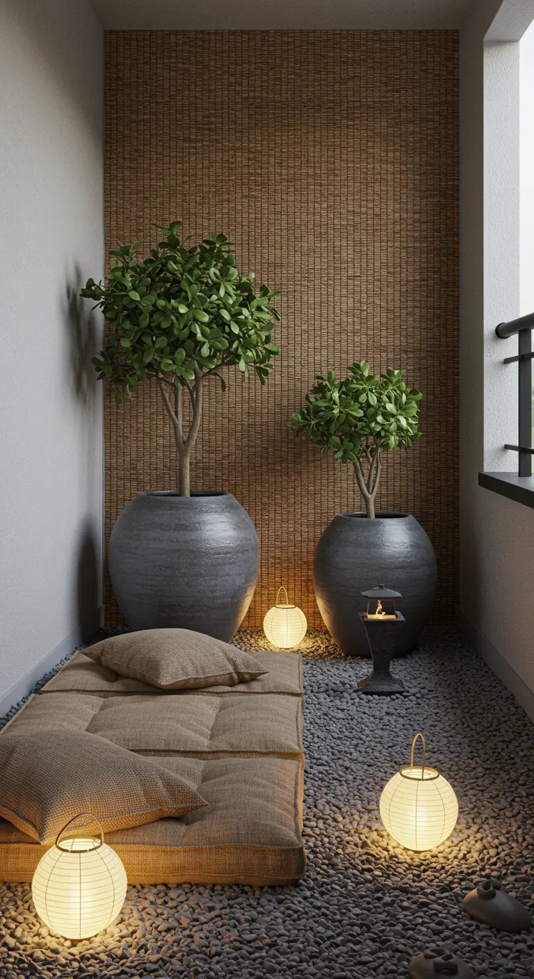 Balcon zen avec arbres en pots, galets au sol, coussins et lanternes lumineuses.