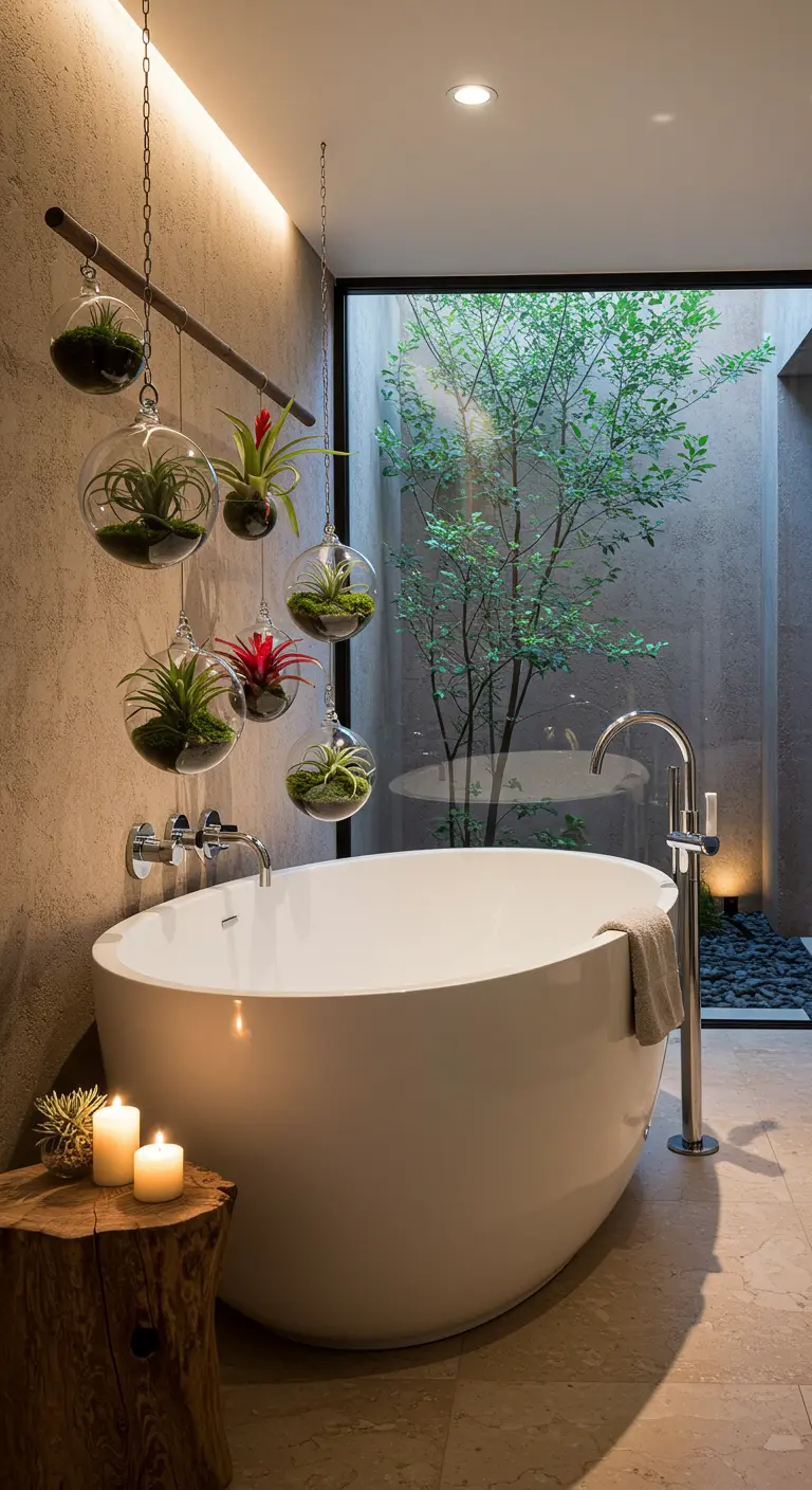 Plantes aériennes dans des globes de verre suspendus au-dessus d'une baignoire dans une salle de bain zen.
