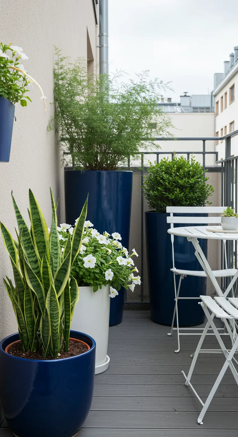 Balcon urbain avec pots bleu marine et blanc, plantes vertes et fleurs blanches.