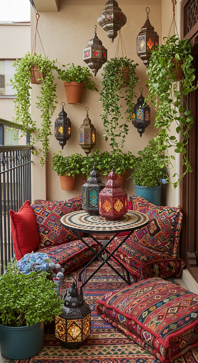 Balcon bohème avec lanternes marocaines, tapis à motifs, coussins colorés, plantes suspendues et table basse.