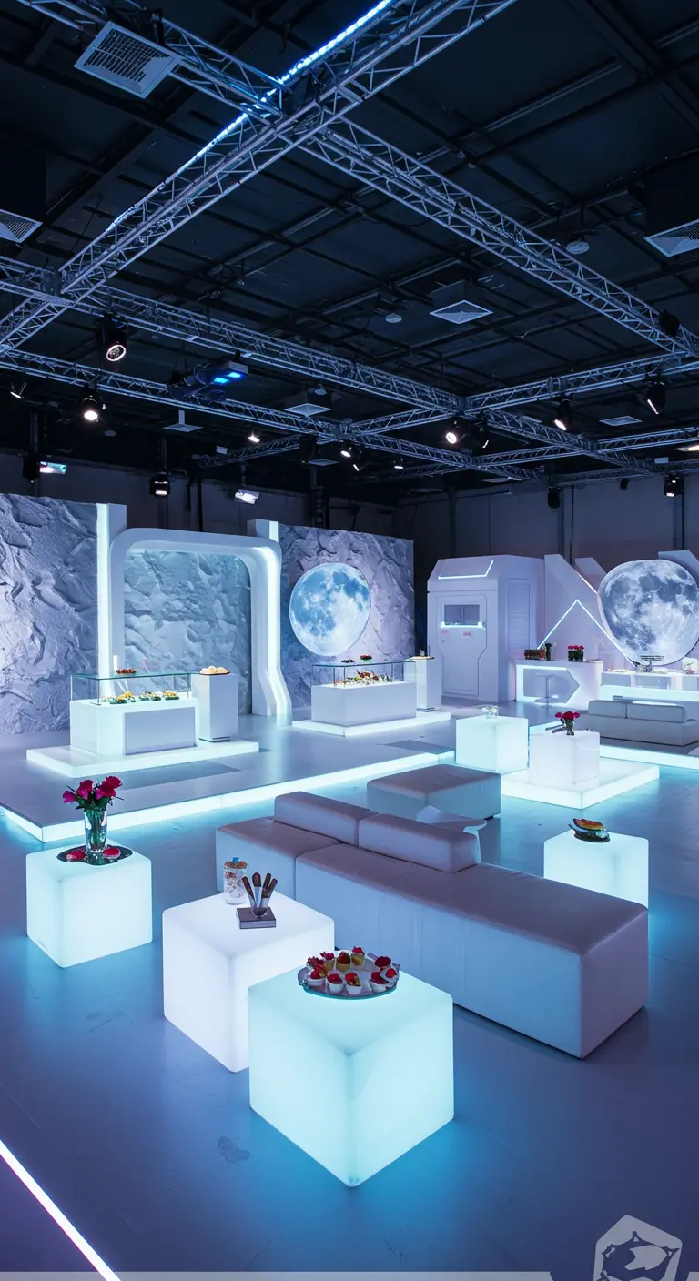 Salle futuriste blanche avec meubles lumineux, décor lunaire et desserts élégants.
