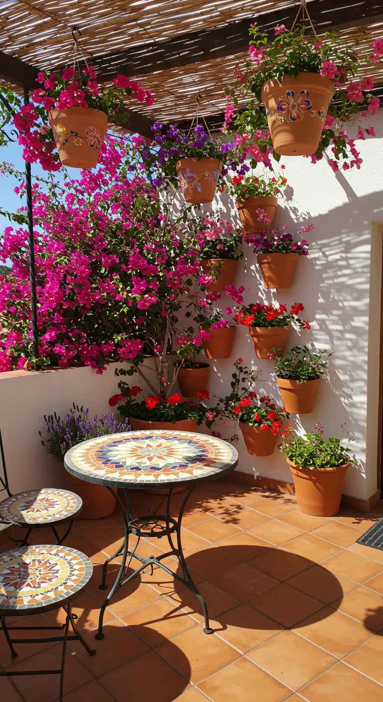 Terrasse méditerranéenne avec bougainvillier fuchsia, pots en terre cuite suspendus et table en mosaïque.