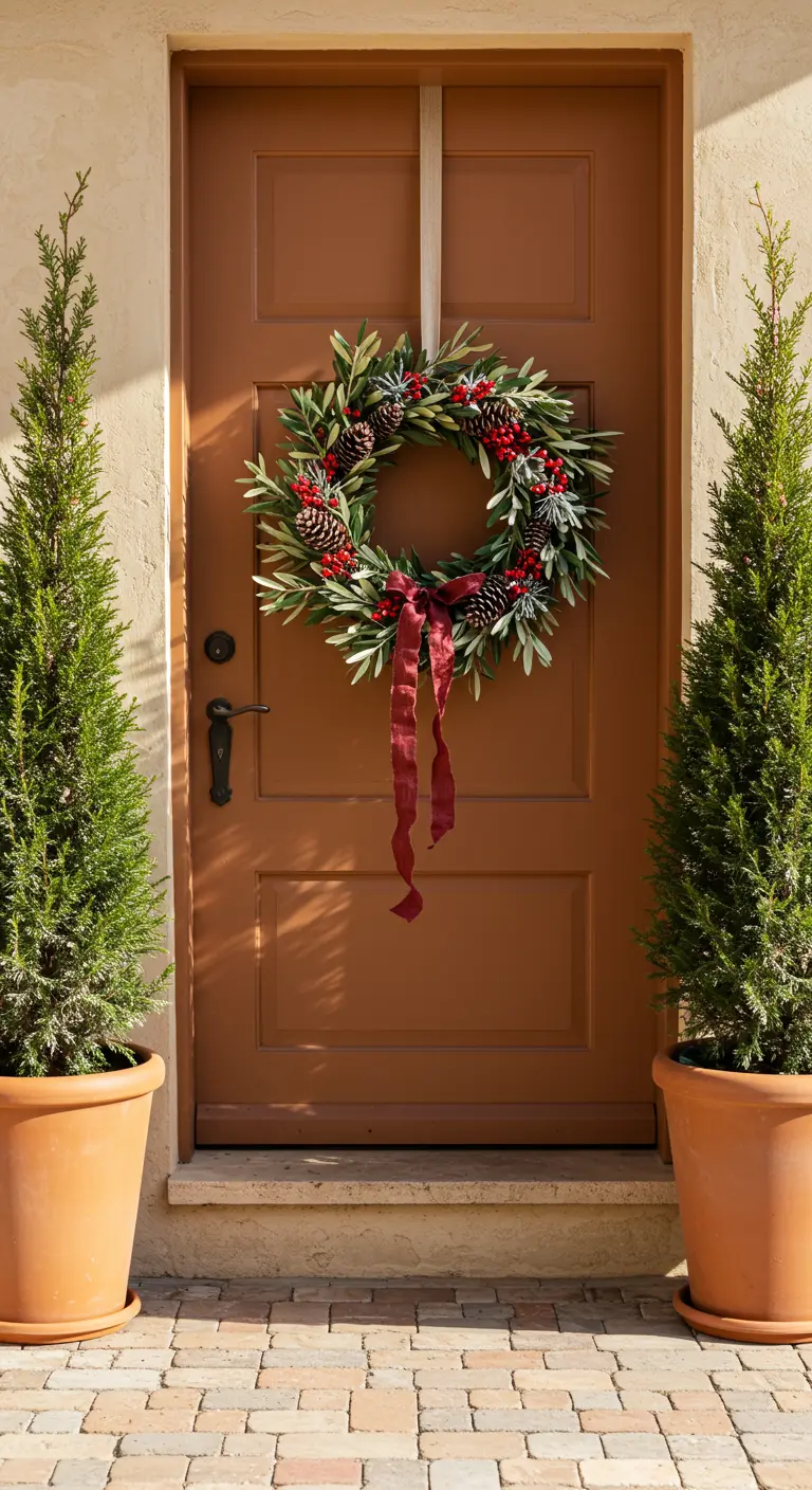 Couronne d'olivier et baies sur porte marron, encadrée de conifères en pots en terre cuite.