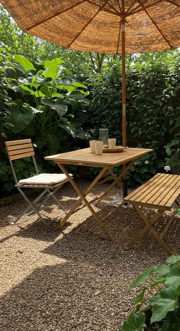 Petit jardin avec table et chaise pliantes en bois, parasol en osier et sol en gravier.