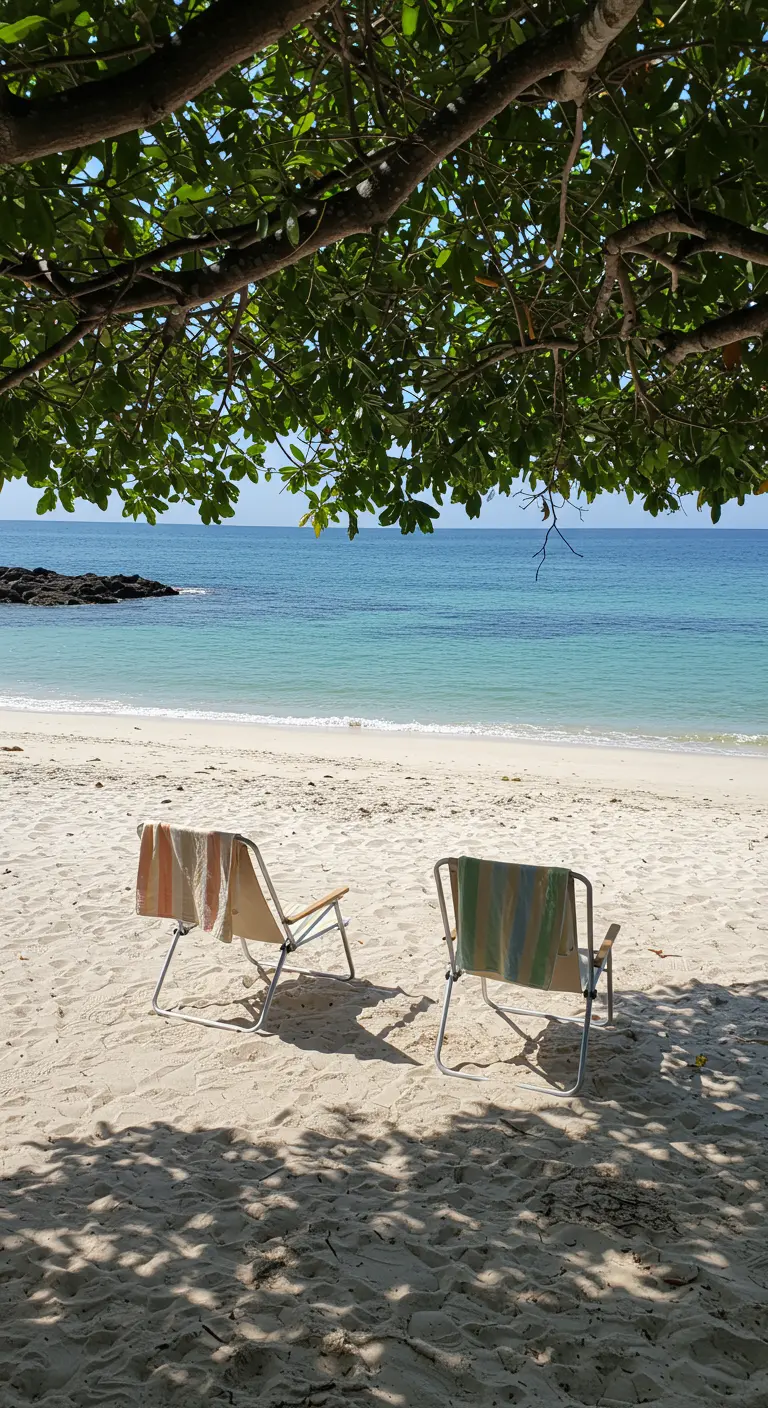 Deux chaises de plage sous l'ombre d'un arbre, serviettes séchant, sable et mer.
