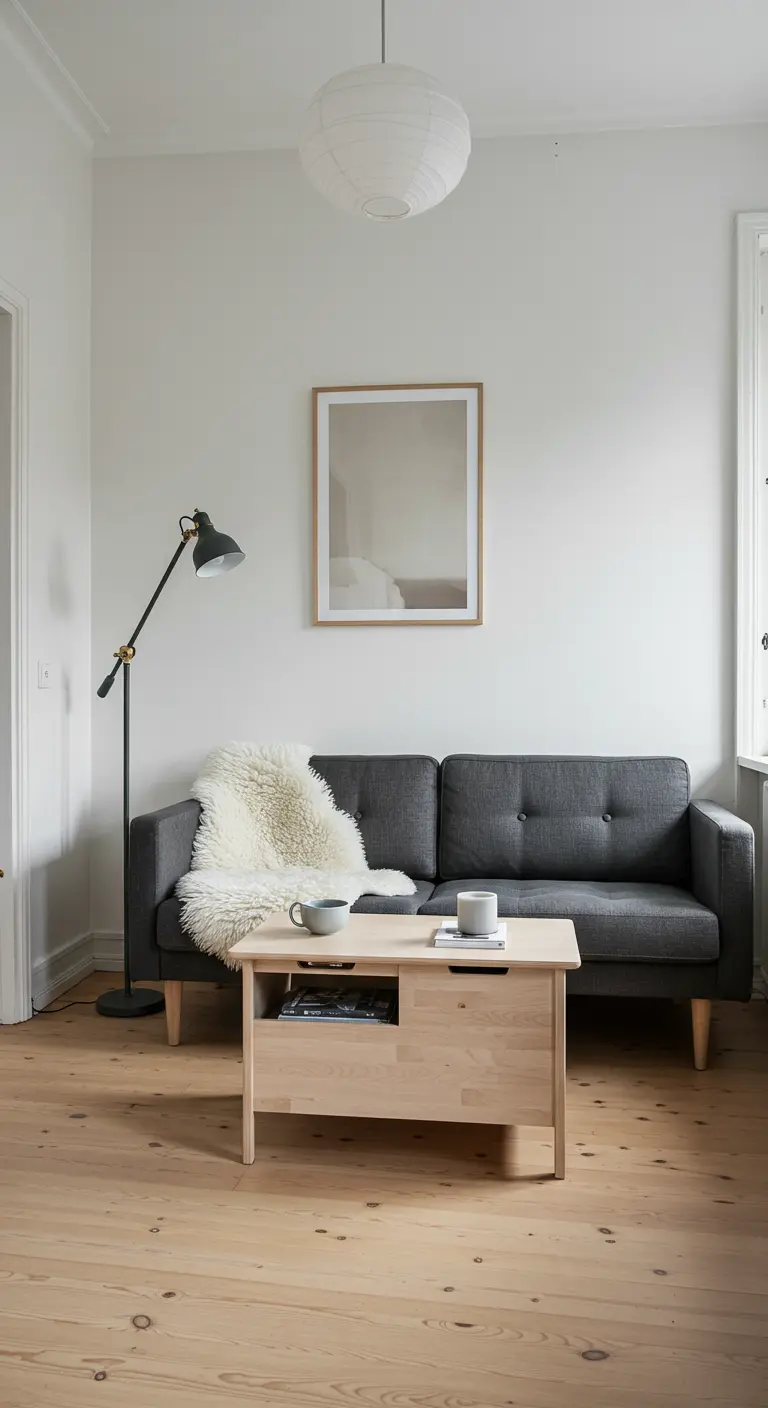 Petit salon scandinave avec canapé anthracite, peau de mouton, table basse rangement et lampadaire.