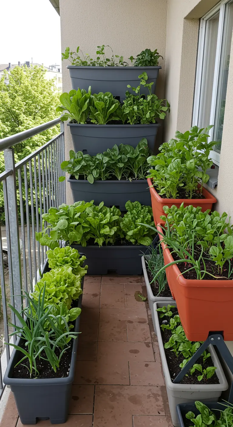 Potager vertical en cascade avec jardinières grises et terracotta remplies de légumes variés