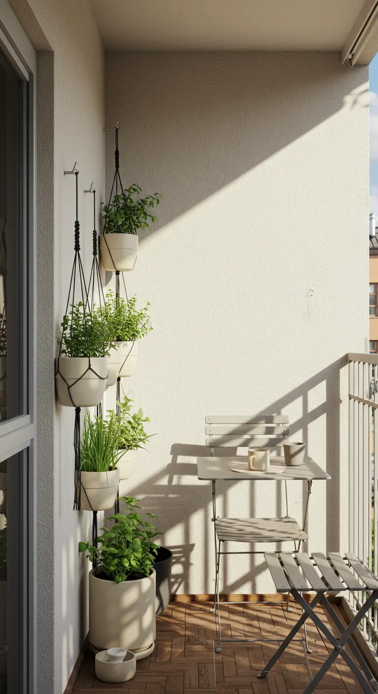 Plantes en pots blancs suspendus le long d'un mur de balcon étroit, avec table et chaise pliantes.