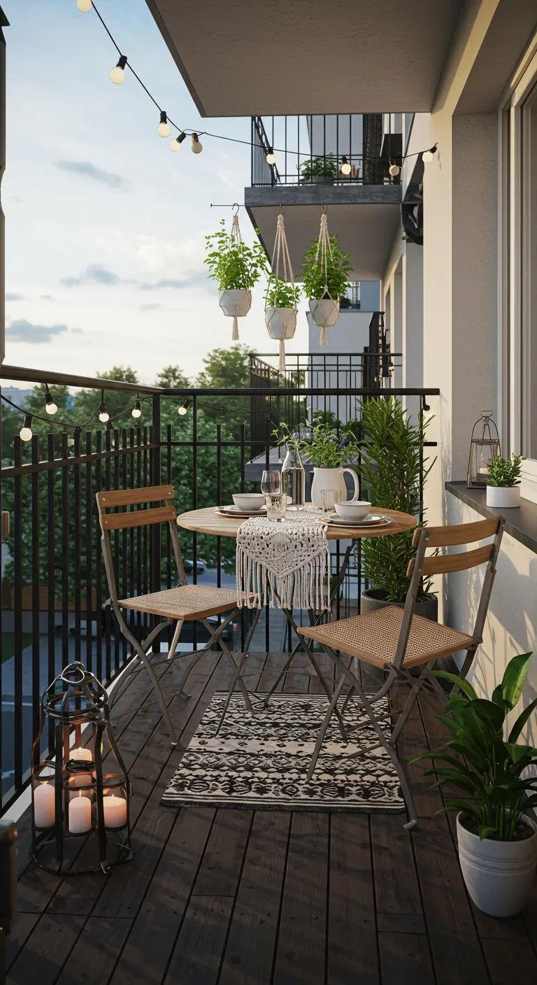 Balcon étroit avec table ronde et chaises pliantes, plantes suspendues et guirlande lumineuse.