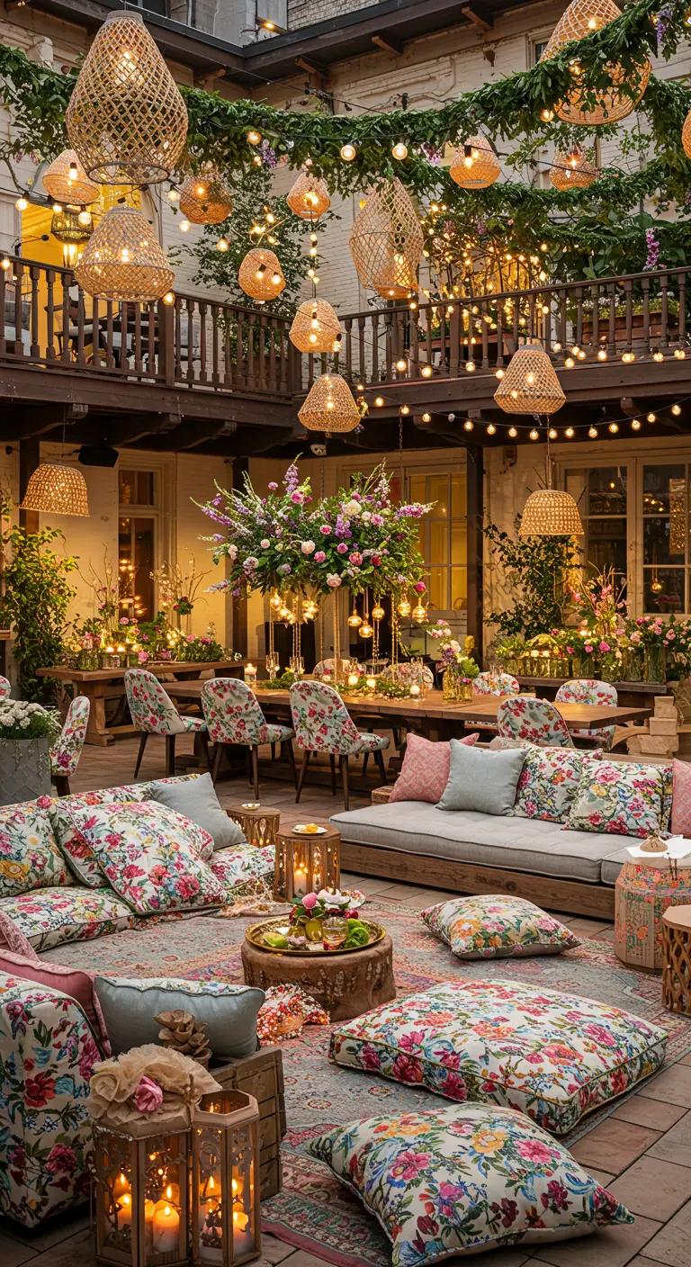 Patio intérieur avec canapés et coussins fleuris, nombreux luminaires en osier et guirlandes lumineuses.