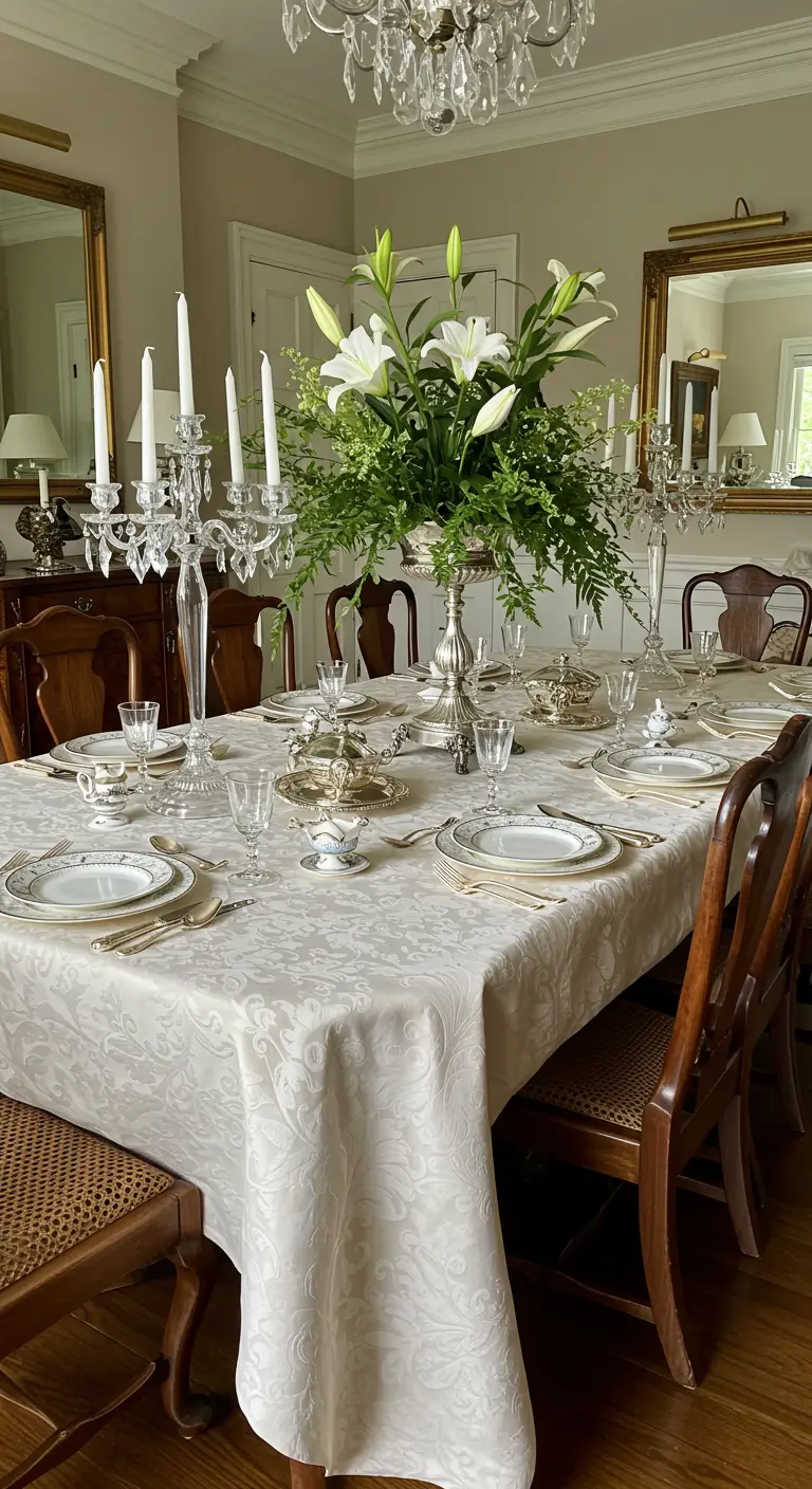 Table de réception formelle avec nappe damassée blanche, lys blancs et chandeliers en cristal.