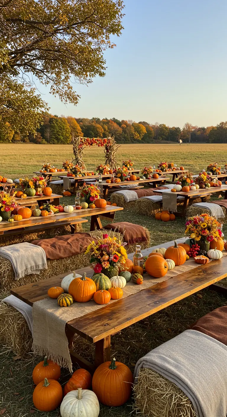 Fête d'automne en extérieur avec longues tables en bois, citrouilles variées et bottes de paille.