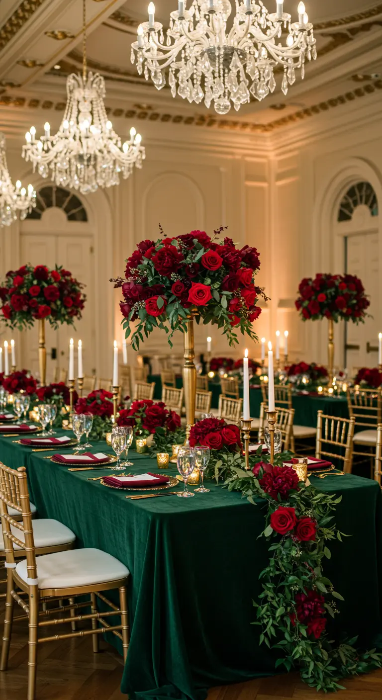 Table de réception luxueuse avec chemin de roses rouges et feuillage.