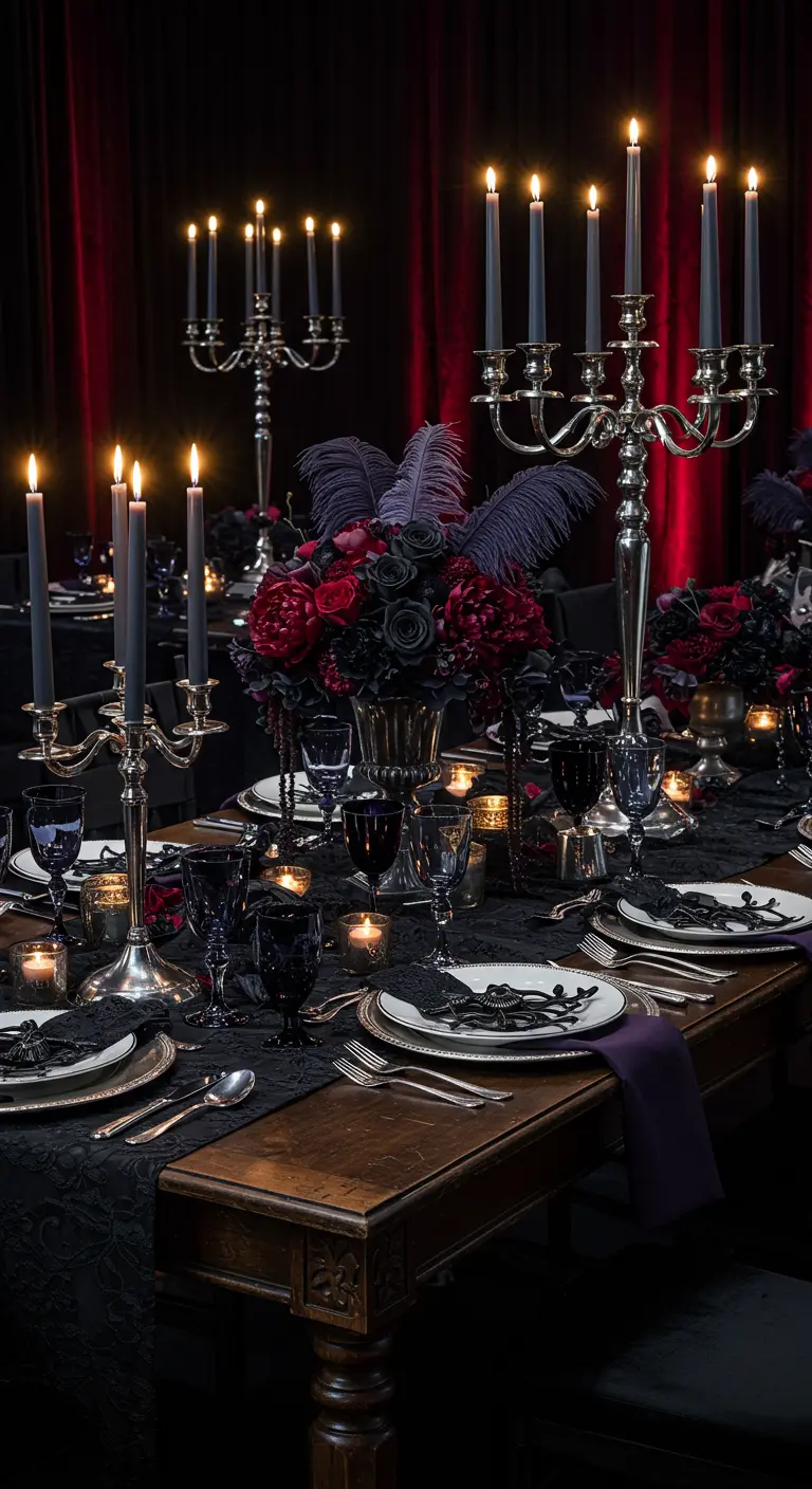 Table de dîner gothique luxueuse avec chandeliers argentés, bougies noires et bouquet de fleurs sombres.
