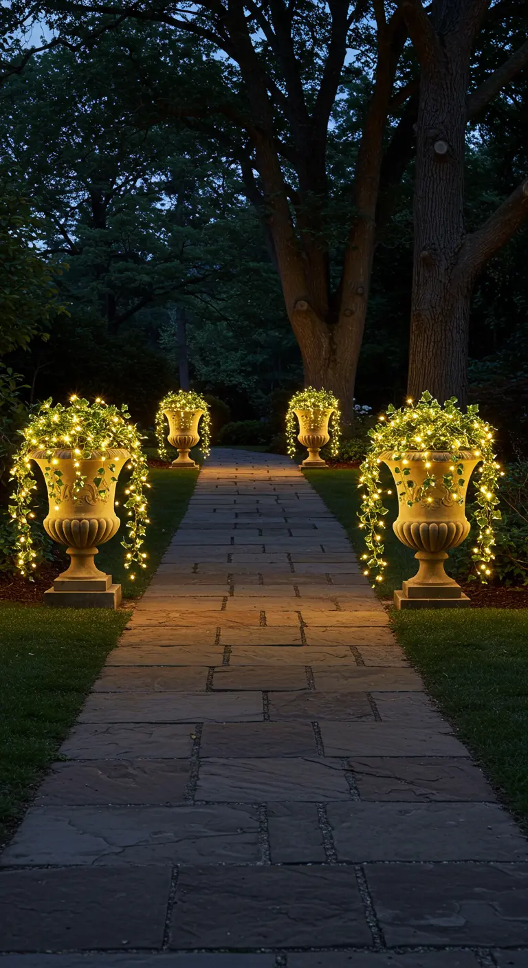 Allée de jardin classique bordée d'urnes anciennes débordant de guirlandes LED solaires lumineuses.
