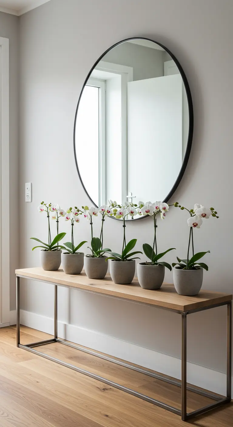 Rangée d'orchidées blanches dans des pots en béton gris sur une console en bois clair.