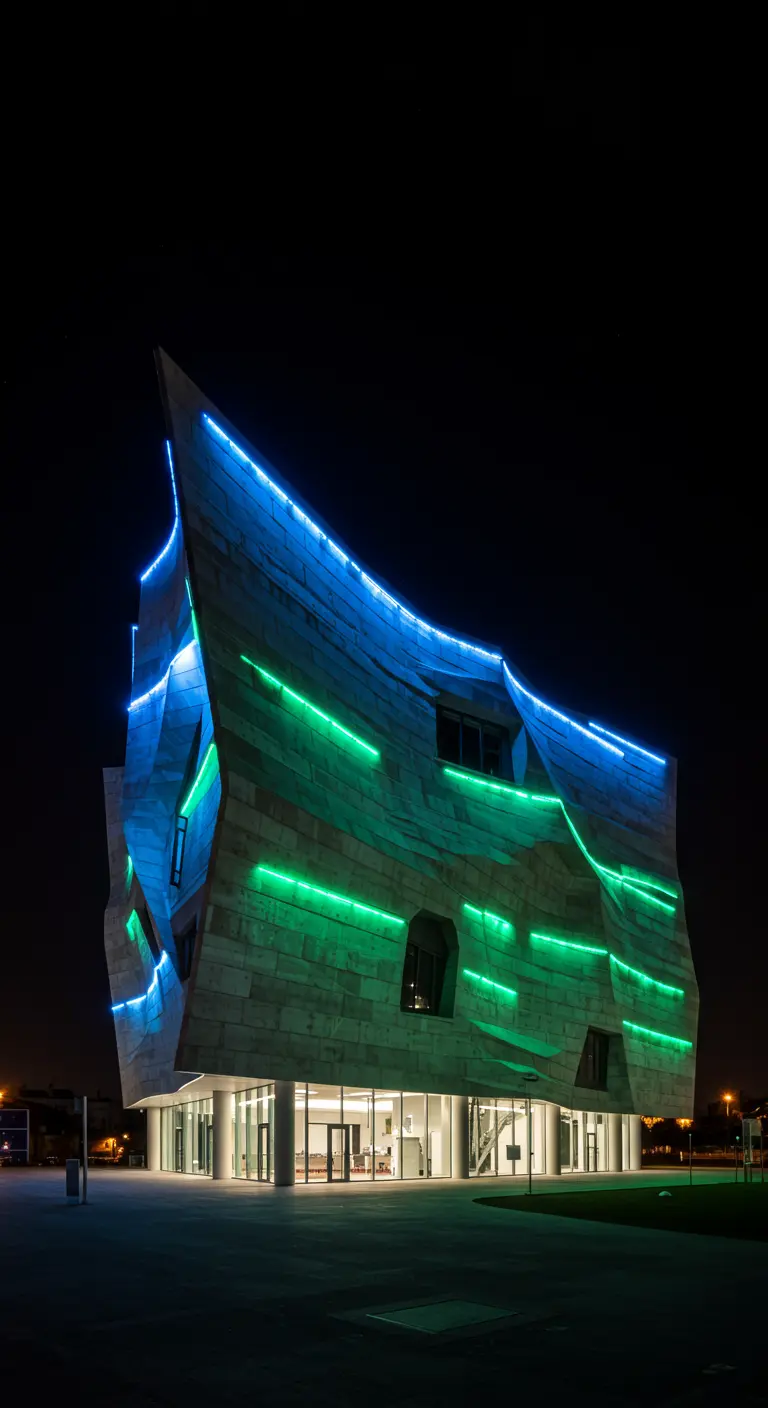 Bâtiment à l'architecture moderne et sculpturale éclairé par des lignes LED bleues et vertes la nuit.