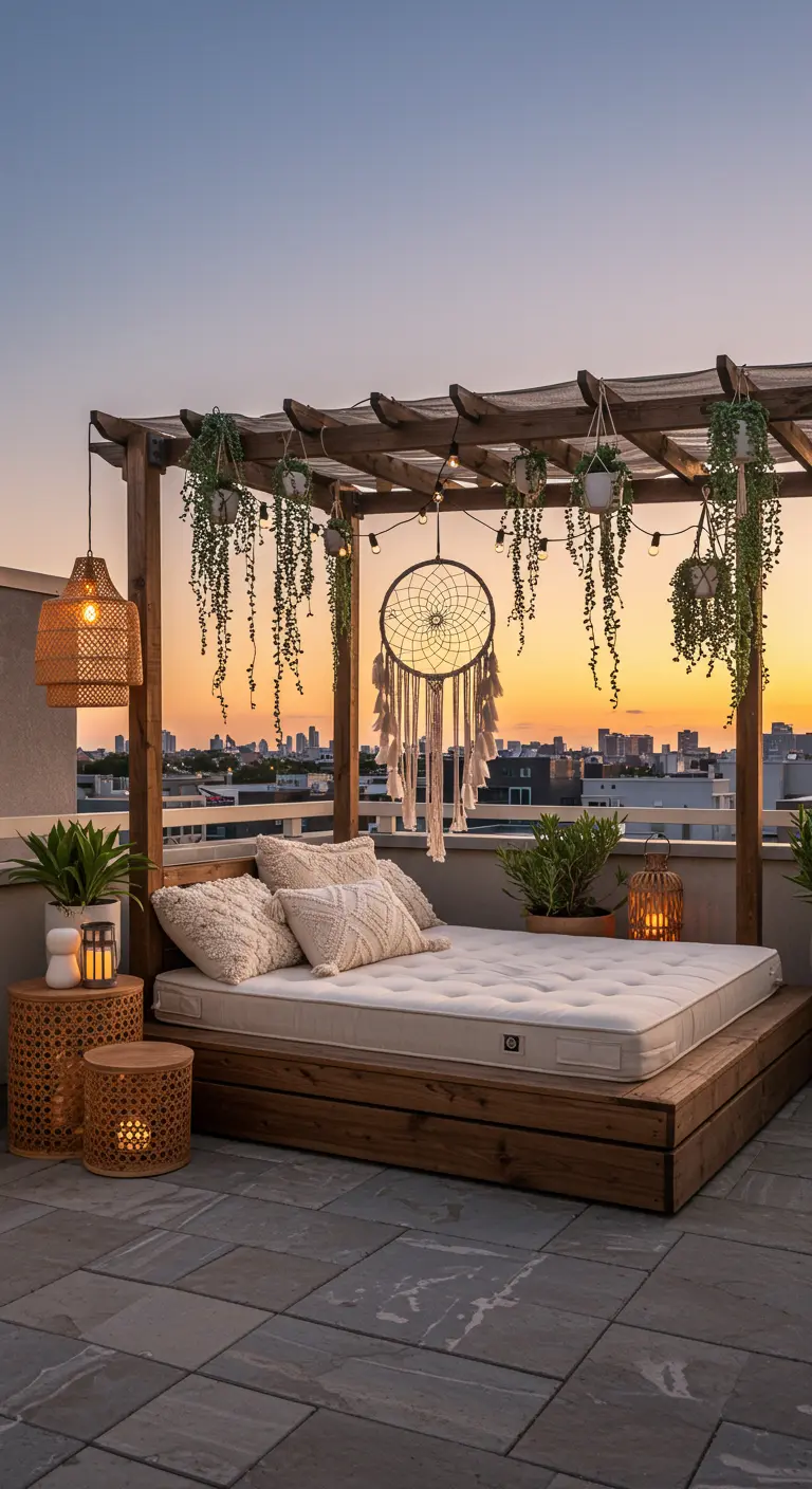 Terrasse aménagée en chambre d'extérieur avec lit en bois, pergola et suspensions végétales.