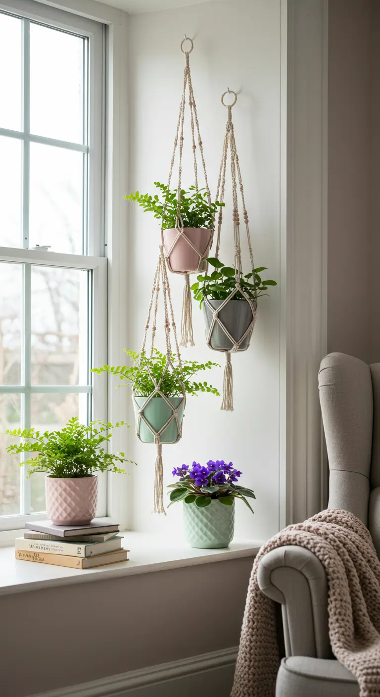 Plantes suspendues en pots pastel près d'une fenêtre, avec des pots assortis sur le rebord.