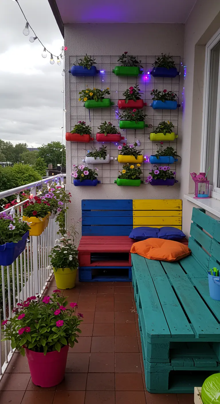 Balcon coloré avec un banc en palettes peintes et des jardinières murales en bouteilles recyclées