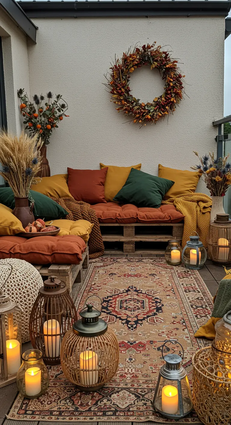 Balcon avec canapé en palettes, tapis persan, nombreuses lanternes et couronne automnale.