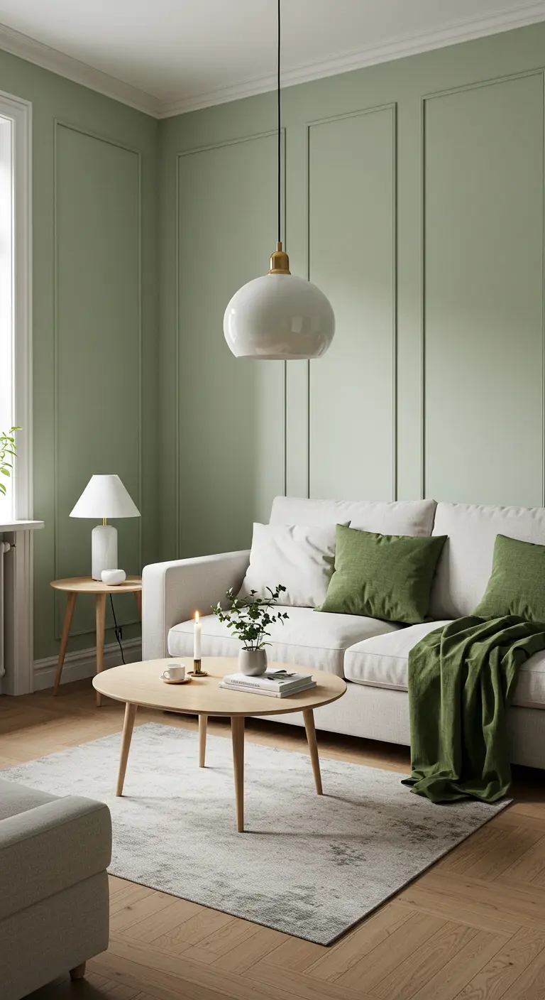 Salon scandinave avec canapé blanc, coussins et plaid verts, murs à panneaux vert menthe et table basse bois.