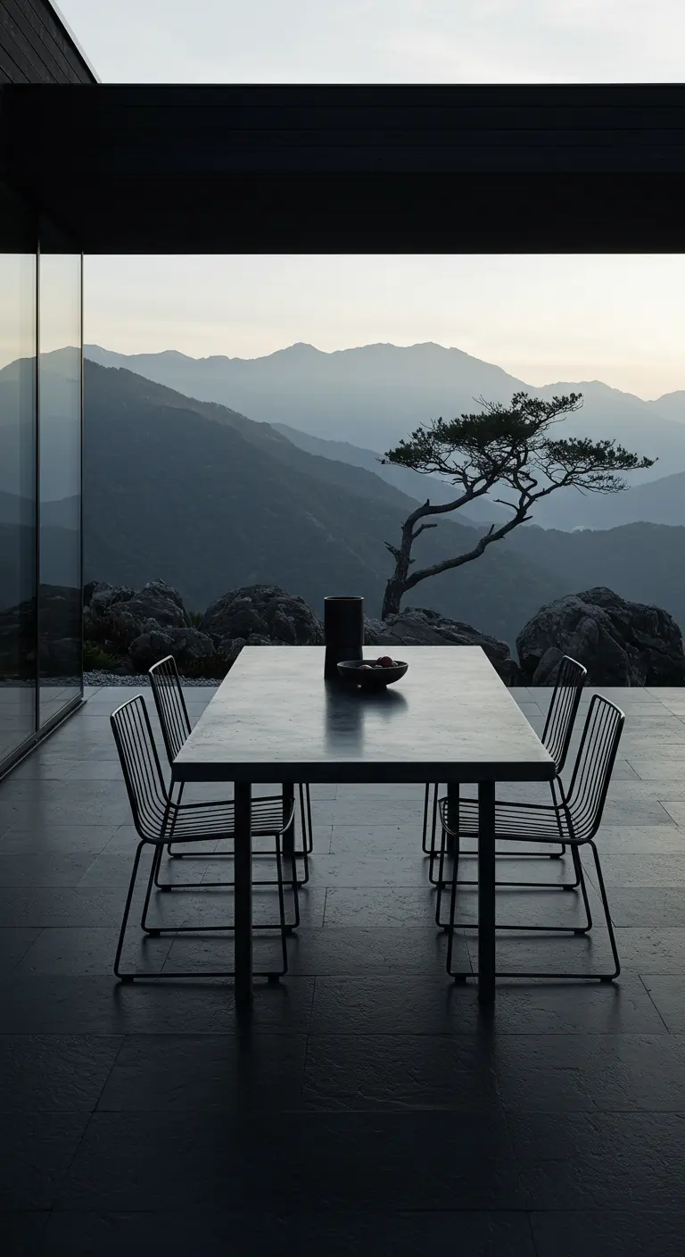 Table rectangulaire en béton et chaises en acier noir face à une vue montagneuse.