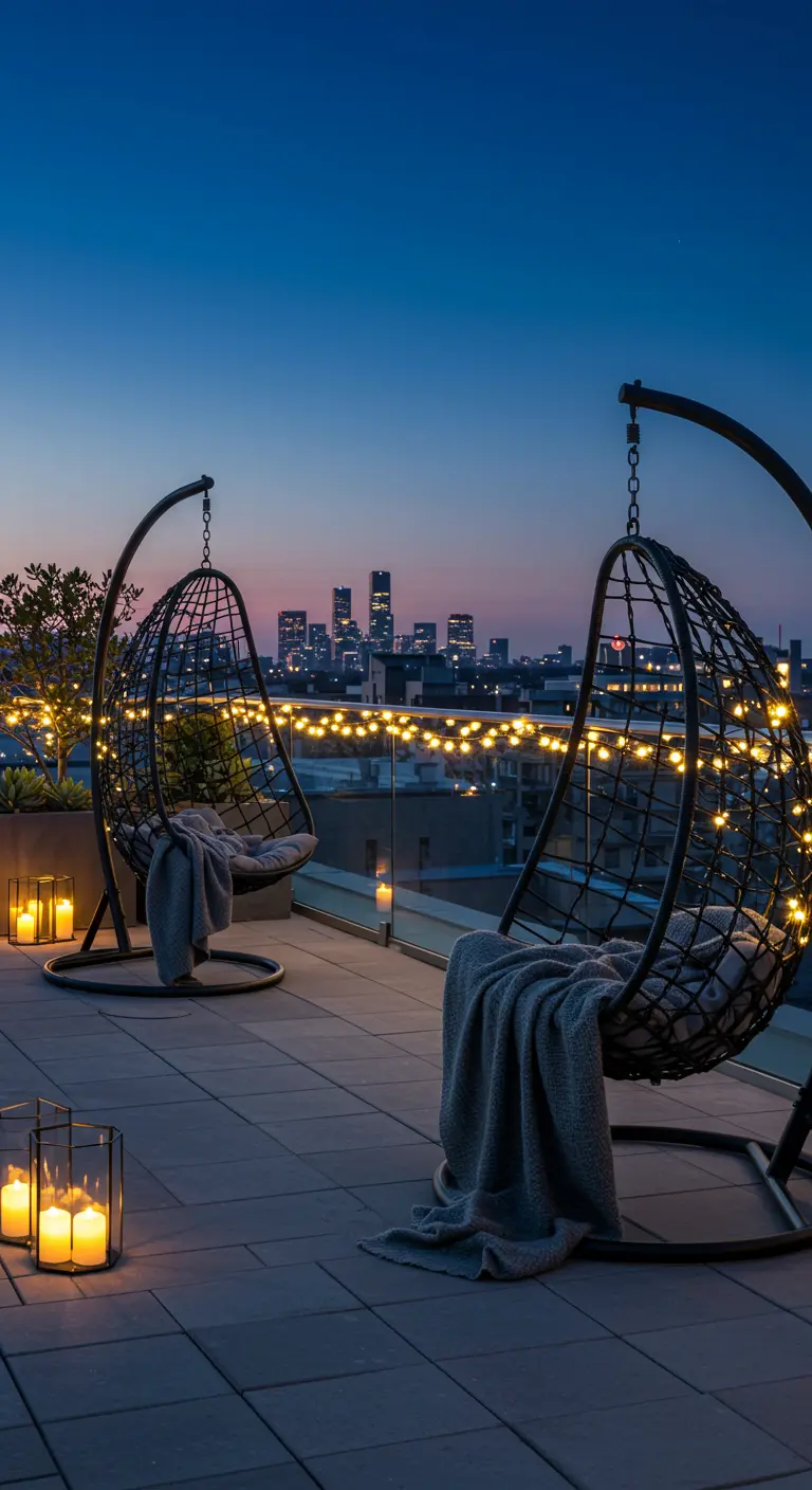 Deux fauteuils œuf suspendus sur un toit-terrasse avec une vue sur la ville illuminée.