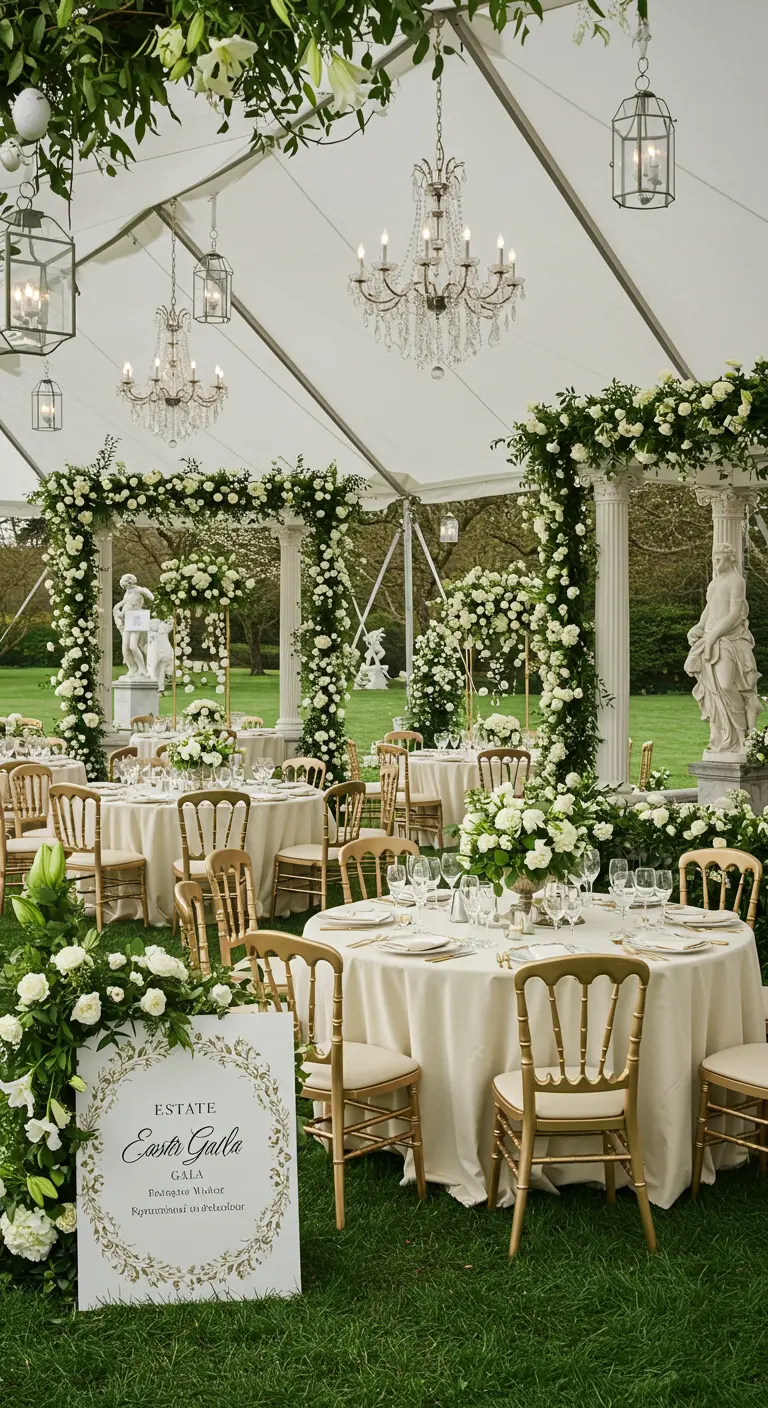 Réception de Pâques élégante sous une tente blanche avec lustres, guirlandes de roses et tables raffinées.