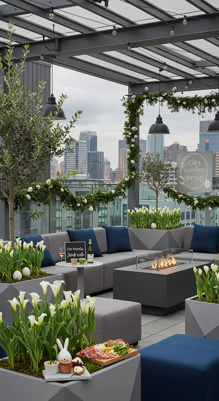 Toit-terrasse urbain avec canapés lounge, foyer, jardinières de tulipes et guirlandes de Pâques.