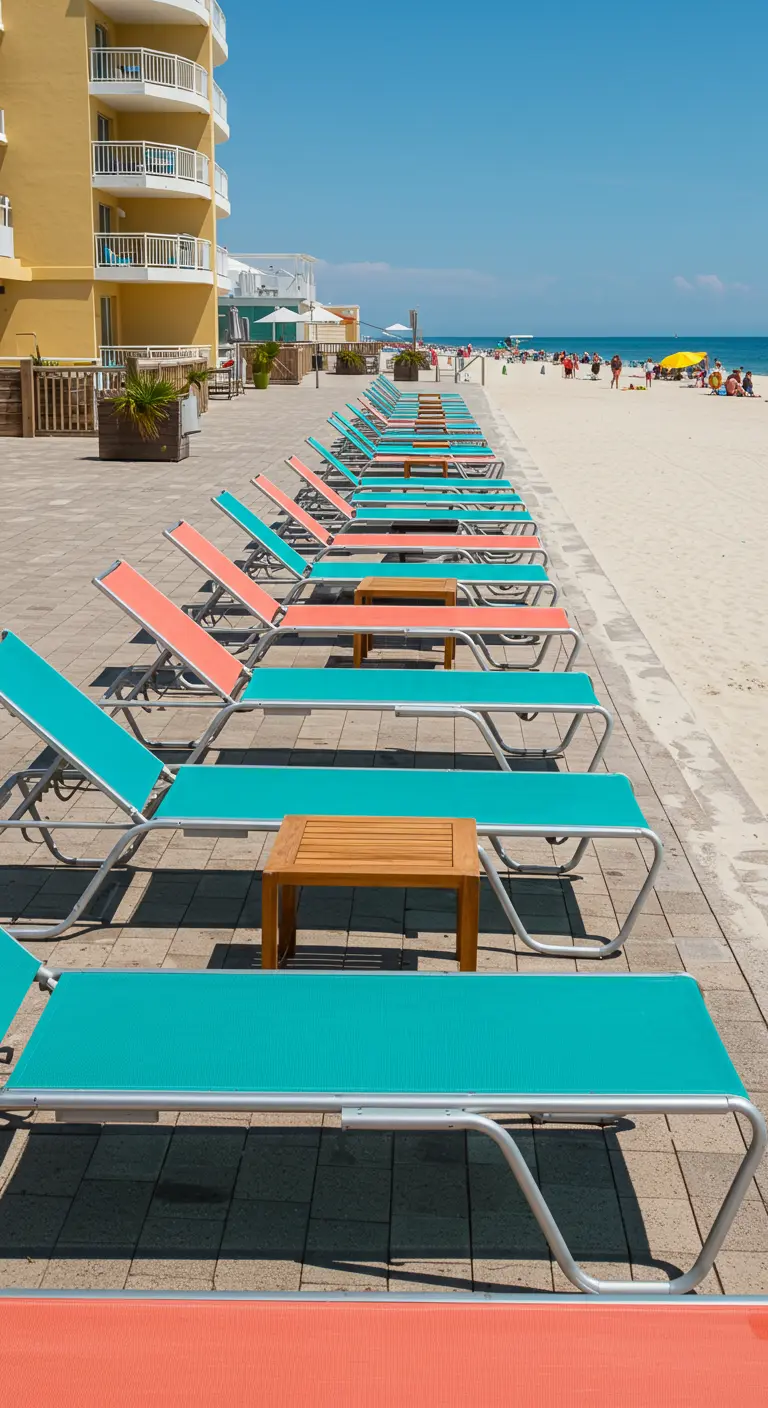 Chaises longues en rotin et métal, coussins vert olive, palmiers, piscine et vue sur la mer.