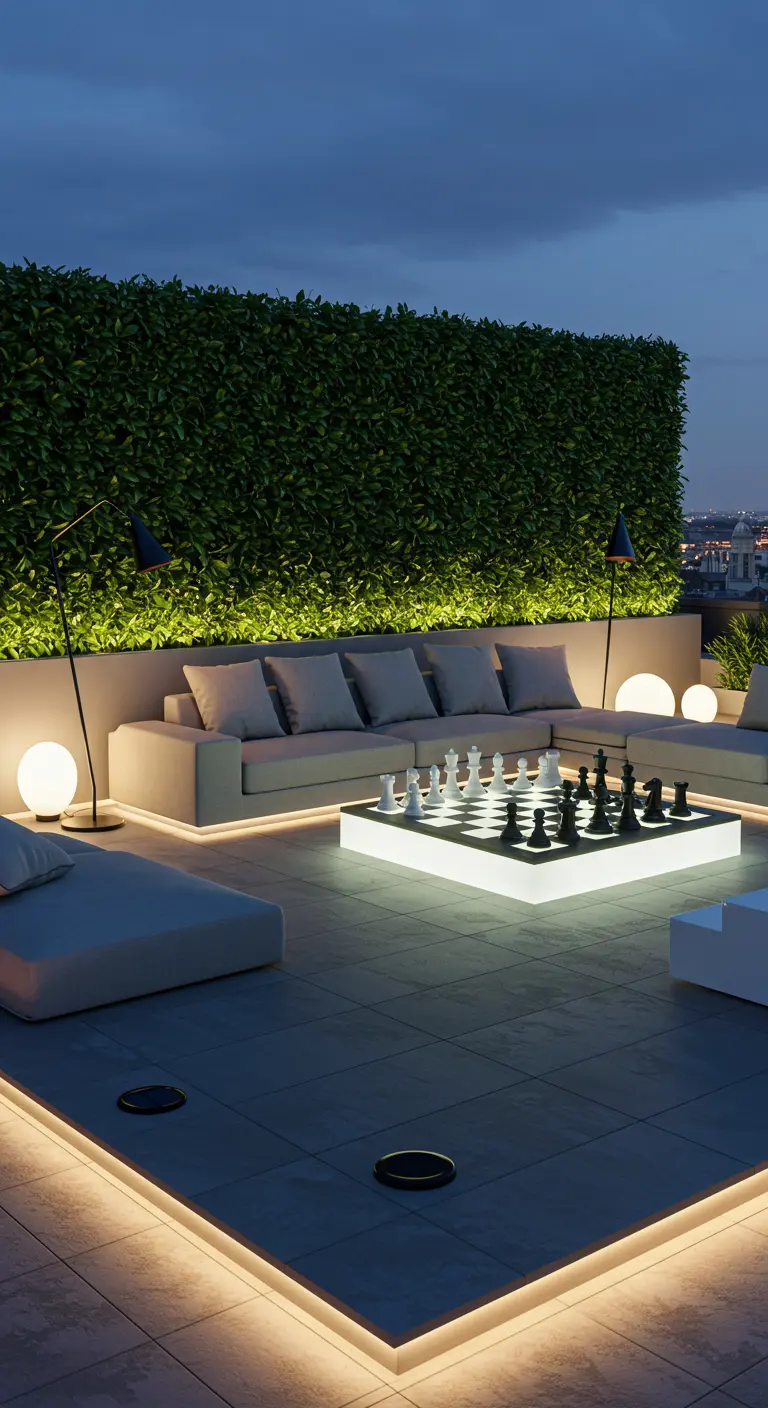 Terrasse moderne avec un échiquier lumineux, des canapés gris, des LED intégrées et un mur végétal.