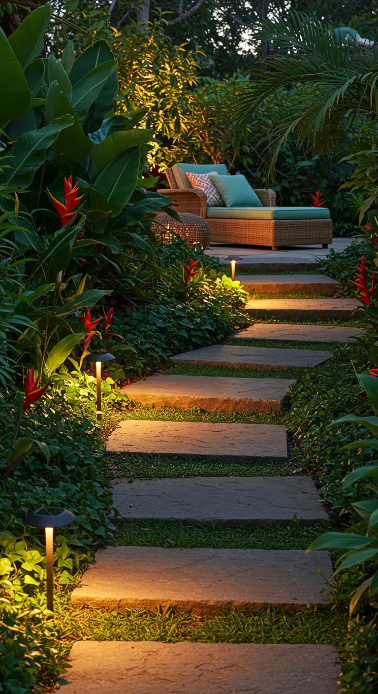Chemin de dalles irrégulières dans un jardin tropical luxuriant, éclairé par des spots bas.