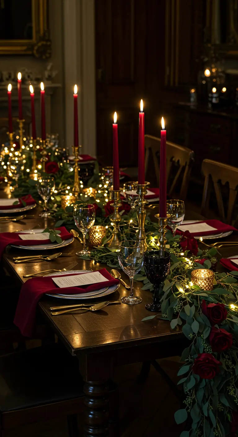 Table romantique avec roses rouges, feuillage vert, chandeliers dorés et guirlandes lumineuses.