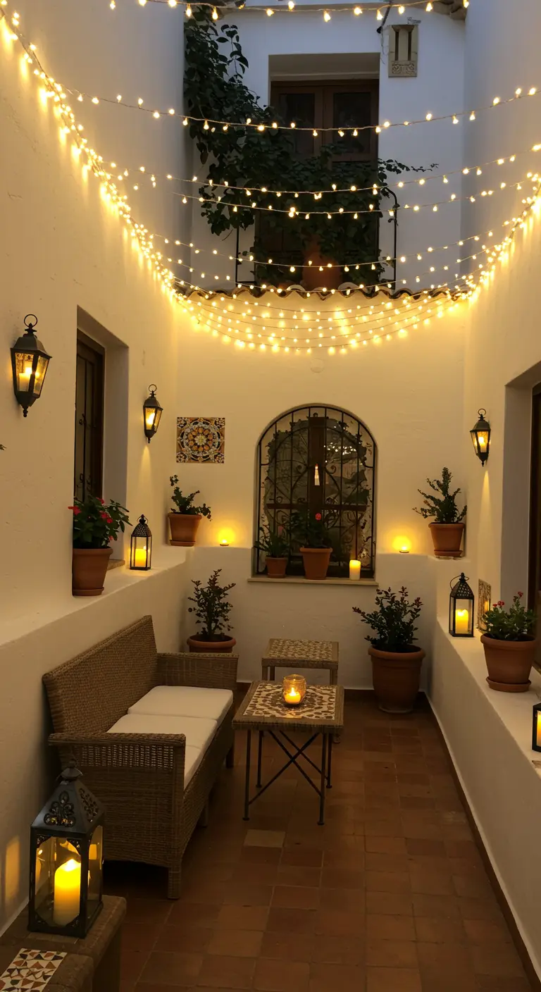 Patio intérieur blanchi à la chaux avec des guirlandes lumineuses tendues, des lanternes murales, des bougies et des plantes en pots.