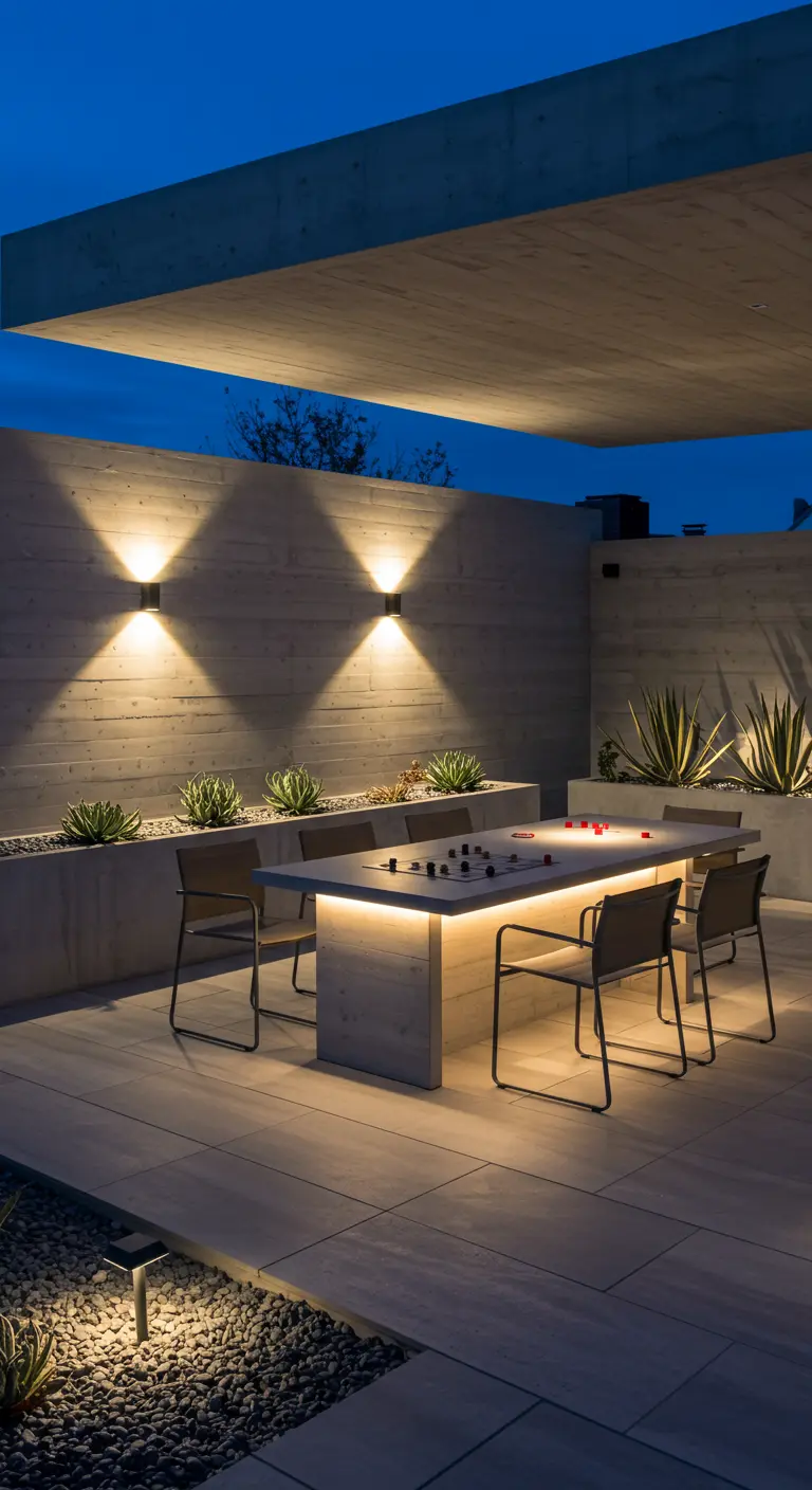 Patio brutaliste avec appliques murales, table en béton éclairée par LED et plantes grasses illuminées.