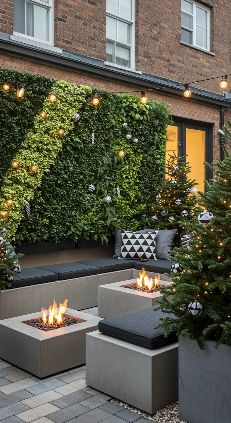 Patio moderne avec mur végétal, braseros carrés, sapins décorés et mobilier design.