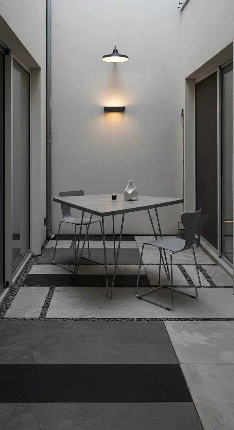 Table carrée en béton et chaises grises sur un petit patio avec dalles de béton et galets.