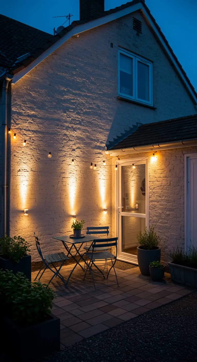 Petit patio avec des projecteurs muraux et des guirlandes lumineuses, créant une ambiance intime.