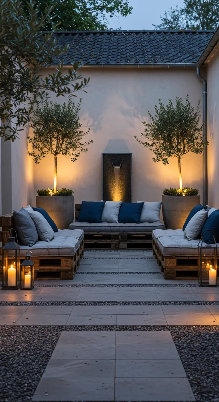 Patio méditerranéen avec salon en palettes, coussins bleus, oliviers éclairés et fontaine murale.