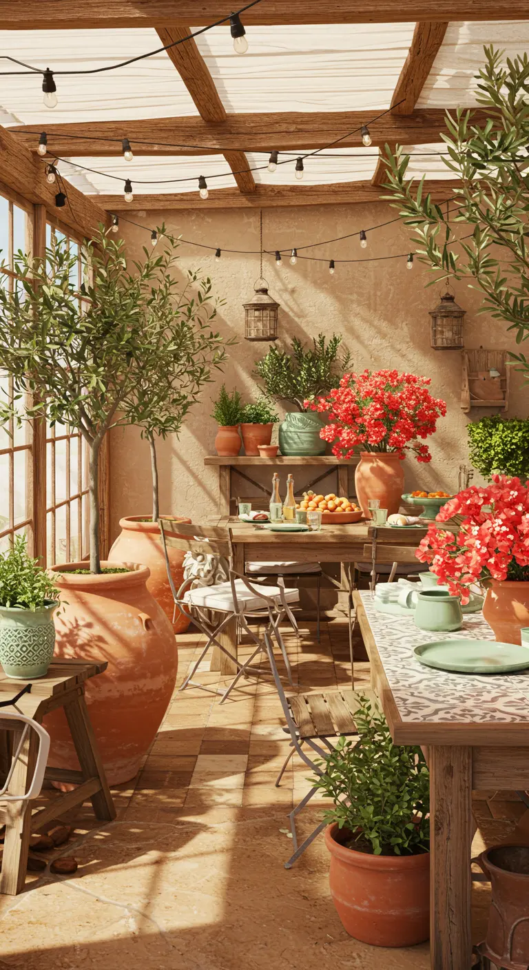 Patio méditerranéen avec grands pots en terre cuite, oliviers, bougainvilliers rouges et table en bois carrelée.