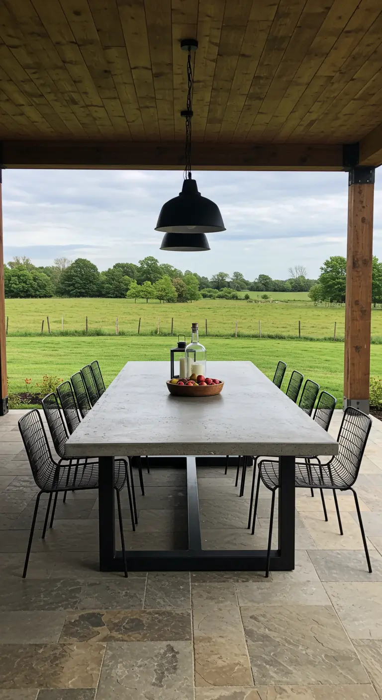 Longue table en béton clair et chaises en acier noir sous des suspensions industrielles, vue sur la campagne.