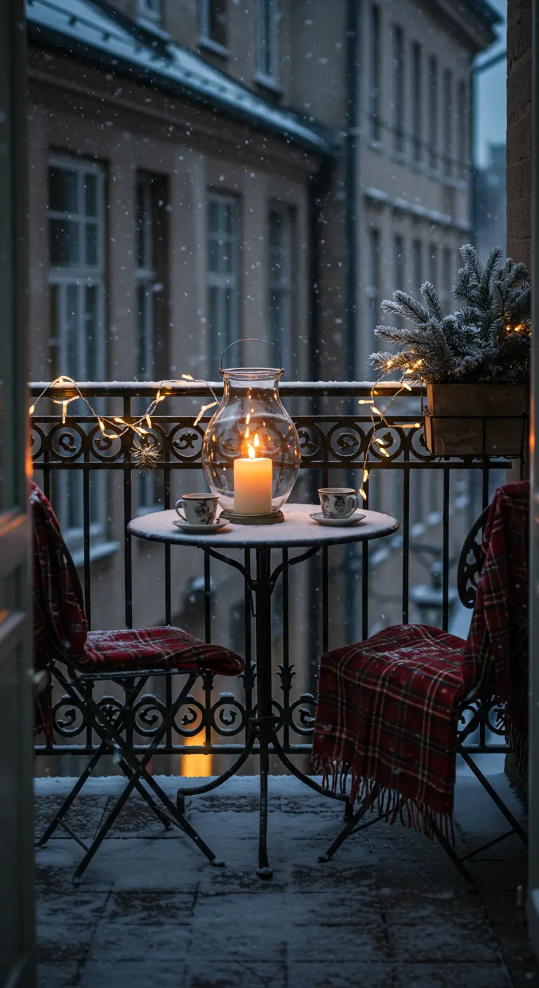 Balcon parisien enneigé avec table bistro, chaises, plaids tartan et bougie dans un vase.