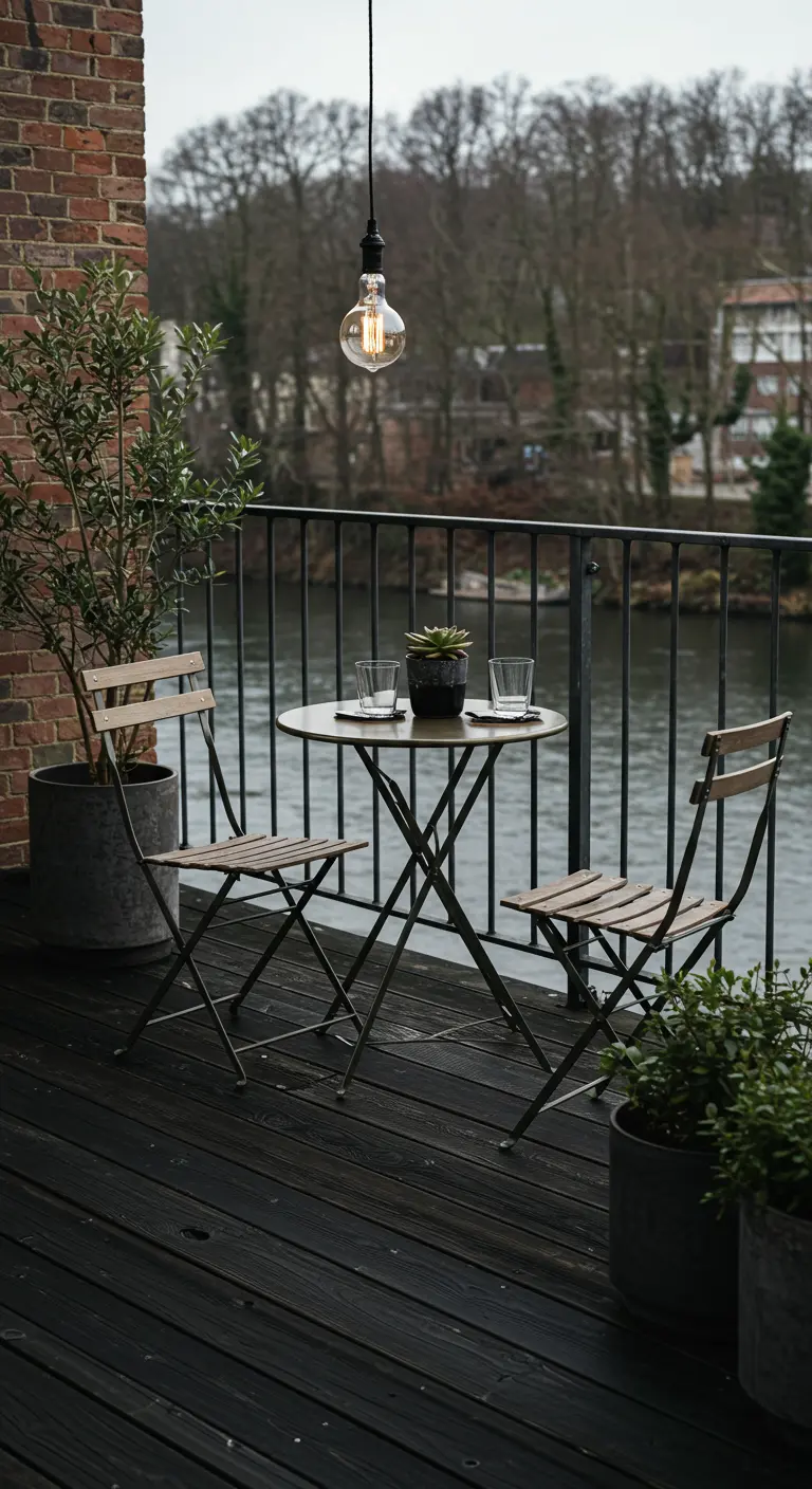 Petit balcon avec table bistro en métal, chaises pliantes, olivier et vue sur la rivière.