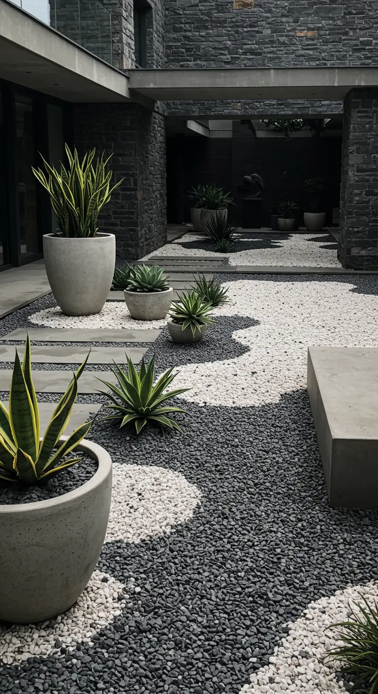 Grand jardin moderne avec gravier noir et blanc, dalles, bancs en béton et plantes succulentes.
