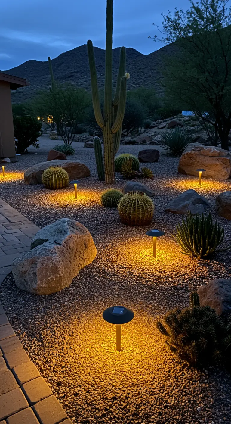 Jardin désertique avec cactus, roches et bornes solaires discrètes.